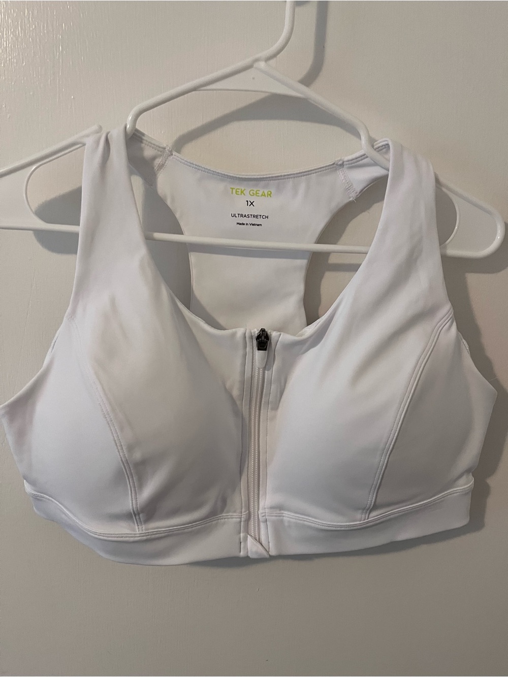 Tek Gear 1X Ultrastretch Medium Support Zip Front Sports Bra Molded Cup White 1X